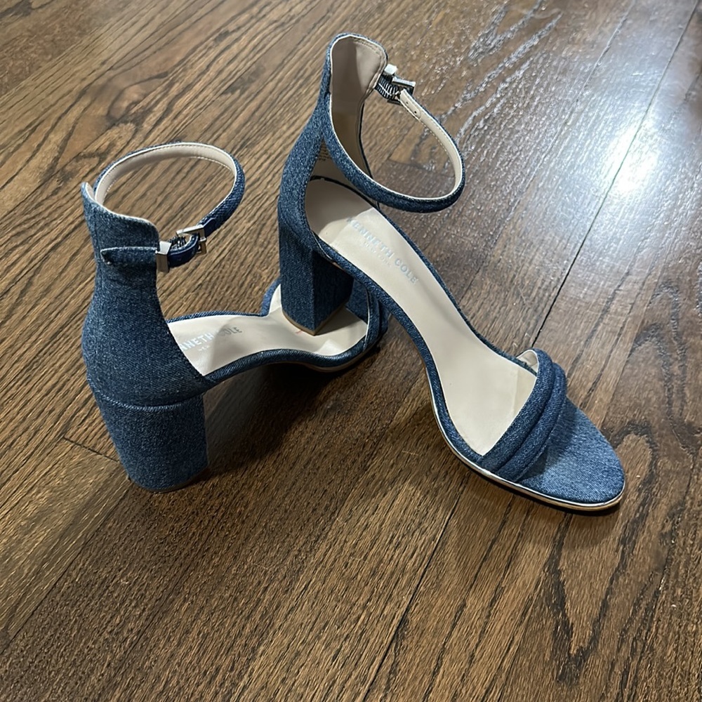 Kenneth Cole Denim Block Heel Ankle Strap Sandals With Silver Hardware Size 10